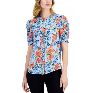 Tahari Floral Blouse Top Mandarin Collar Puff Sleeves Semi‎ Sheer Button Size M